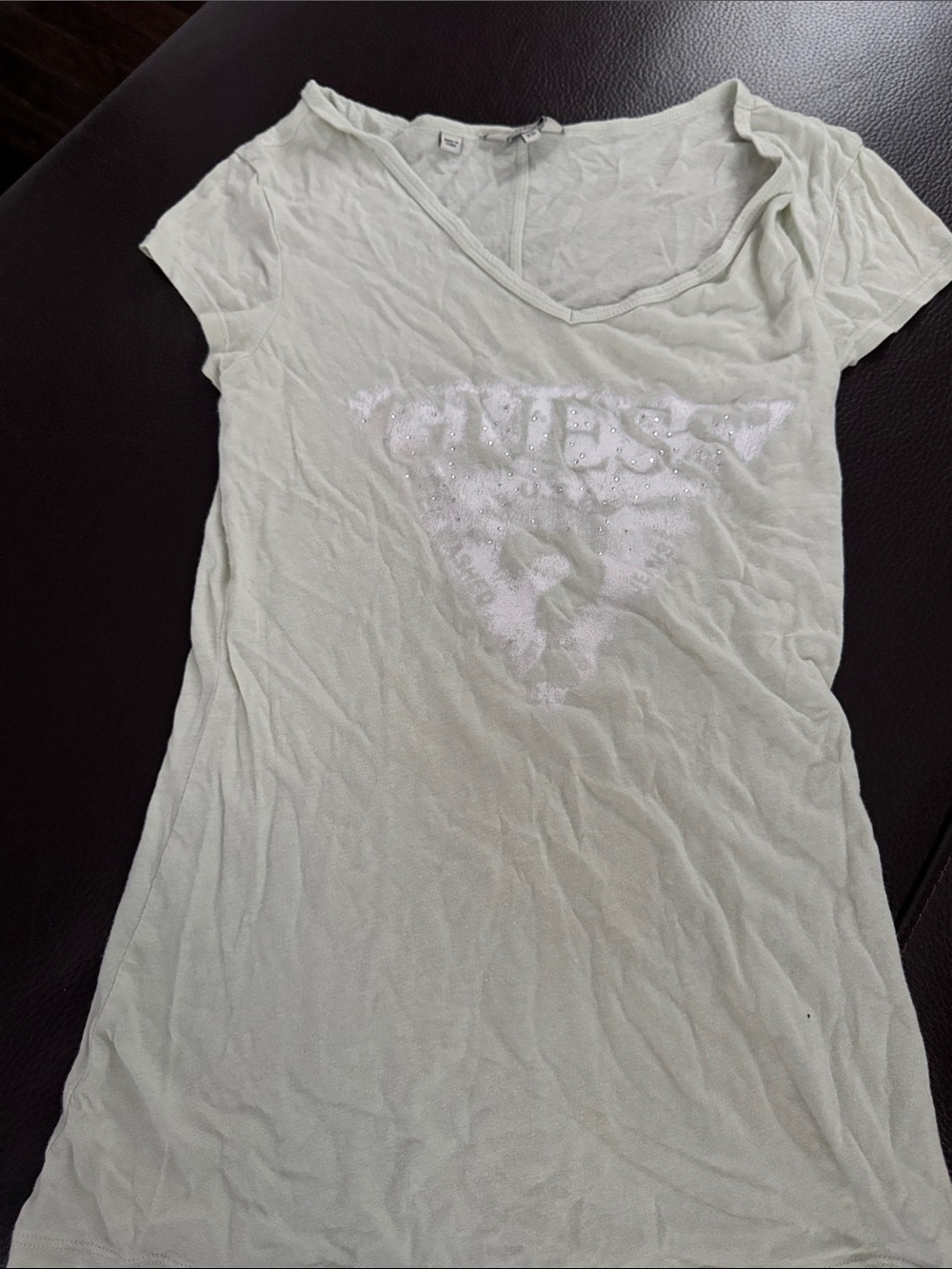 GUESS Pale Mint Short Sleeve V-Neck Tee with Glitter Logo